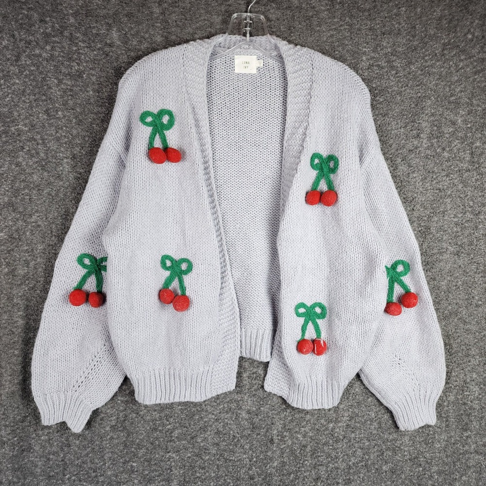 Luna Ivy Cardigan Womens S CC0635 Light Blue 3D Cherry Pom Pom Open Front EUC